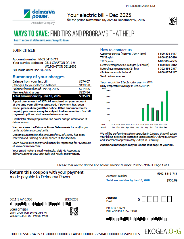 USA Delmarva Power utility bill template in Word and PDF formats, version 2